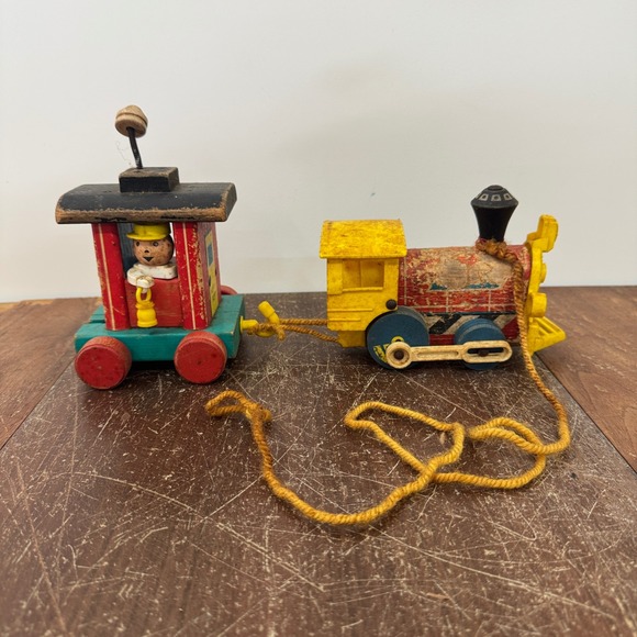 Vintage 1964 Fisher Price Huffy Puffy Train Wooden Pull Toy Set - Picture 1 of 10